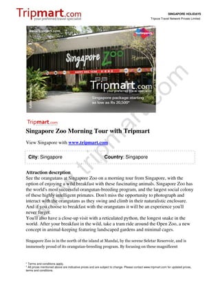 SINGAPORE HOLIDAYS
                                                                                                 Tripcos Travel Network Private Limited




Singapore Zoo Morning Tour with Tripmart
View Singapore with www.tripmart.com

 City: Singapore                                             Country: Singapore


Attraction descrption
See the orangutans at Singapore Zoo on a morning tour from Singapore, with the
option of enjoying a wild breakfast with these fascinating animals. Singapore Zoo has
the world's most successful orangutan-breeding program, and the largest social colony
of these highly intelligent primates. Don't miss the opportunity to photograph and
interact with the orangutans as they swing and climb in their naturalistic enclosure.
And if you choose to breakfast with the orangutans it will be an experience you'll
never forget.
You'll also have a close-up visit with a reticulated python, the longest snake in the
world. After your breakfast in the wild, take a tram ride around the Open Zoo, a new
concept in animal-keeping featuring landscaped gardens and minimal cages.

Singapore Zoo is in the north of the island at Mandai, by the serene Seletar Reservoir, and is
immensely proud of its orangutan-breeding program. By focusing on these magnificent



* Terms and conditions apply.
* All prices mentioned above are indicative prices and are subject to change. Please contact www.tripmart.com for updated prices,
terms and conditions.
 