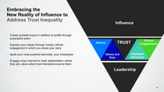 Actions
Values and
Role
Employee
Advocacy
Earned
Engagement
Embracing the
New Reality of Influence to
Address Trust Inequality
‣ Create societal impact in addition to profits through
purposeful action
‣ Express your values through honest, ethical
engagement in which you share your story
‣ Ignite your most powerful advocate, your employees
‣ Engage cross channel to meet stakeholders, where
they are, about what most interests/concerns them
Influence
TRUST
46
Leadership
TRUST
 