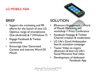 LG MOBILE ASIA BRIEF Support the marketing and PR efforts for the launch of new LG Optimus range of smartphones One (Android) & 7 (Windows 7) Engage Facebook & Twitter community Encourage User Generated Content and internet Word Of Mouth SOLUTION Efluencers Engagement – Word of Mouth Marketing incl. workshop + Press Conference Facebook Fanpage & Twitter Channel creation & moderation LG Life ’s Good Ambassador Search activation campaign Teaser Video to inspire efluencers & best LG Life’s Good Moments final video Development of dedicated  Facebook App 