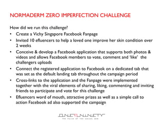 NORMADERM ZERO IMPERFECTION CHALLENGE How did we run this challenge? Create a Vichy Singapore Facebook Fanpage Invited 10 efluencers to help a loved one improve her skin condition over 2 weeks Conceive & develop a Facebook application that supports both photos & videos and allows Facebook members to vote, comment and  ‘like’  the challengers uploads Connect the registered application to Facebook on a dedicated tab that was set as the default landing tab throughout the campaign period Cross-links to the application and the Fanpage were implemented together with the viral elements of sharing, liking, commenting and inviting friends to participate and vote for this challenge  Efluencers word of mouth, attractive prizes as well as a simple call to action Facebook ad also supported the campaign  