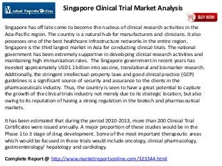 Complete Report @ http://www.marketreportsonline.com/323344.html
Singapore Clinical Trial Market Analysis
Singapore has off late come to become the nucleus of clinical research activities in the
Asia-Pacific region. The country is a natural hub for manufacturers and clinicians. It also
possesses one of the best healthcare infrastructure networks in the entire region.
Singapore is the third largest market in Asia for conducting clinical trials. The national
government has been extremely supportive in developing clinical research activities and
maintaining high immunization rates. The Singapore government in recent years has
invested approximately USD1.1 billion into vaccine, translational and biomarker research.
Additionally, the stringent intellectual-property laws and good clinical practice (GCP)
guidelines is a significant source of security and assurance to the clients in the
pharmaceuticals industry. Thus, the country is seen to have a great potential to capture
the growth of the clinical trials industry not merely due to its strategic location, but also
owing to its reputation of having a strong regulation in the biotech and pharmaceutical
markets.
It has been estimated that during the period 2010-2013, more than 200 Clinical Trial
Certificates were issued annually. A major proportion of these studies would be in the
Phase 1 to 3 stage of drug development. Some of the most important therapeutic areas
which would be focused in these trials would include oncology, clinical pharmacology,
gastroenterology/ hepatology and cardiology.
 