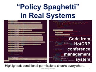 Jean Yang / Jeeves 11
“Policy Spaghetti”
in Real Systems
Code from
HotCRP
conference
management
system
Highlighted: conditional permissions checks everywhere.
 