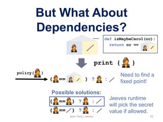 Jean Yang / Jeeves 22
print { }
( == ) ? :
policy( )
def isMaybeCarol(oc):
return oc ==
But What About
Dependencies?
Possible solutions:
( == ) ? :
( == ) ? :
Jeeves runtime
will pick the secret
value if allowed.
Need to find a
fixed point!
 