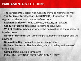 - The Parliament: Elected, Non-Constituency and Nominated MPs
- The Parliamentary Elections Act (CAP 218) : Production of the
registers of electors and conduct of elections
- Registers of Electors: Who can vote, electors, 23 registers
- Conduct of Election: Dissolve Parliament, issue writ
- Writ of Election: When and where the nomination of the candidates
is to be taken
- Notice of Election: Date, time and place, nomination paper, and the
payment
- Nomination Day: nomination papers are presented
- Notice of Contested Election: date, place of polling and name of
candidates
- Campaigning: election campaigns
- Polling Day: VOTING IS SECRET AND COMPULSORY
PARLIAMENTARY ELECTIONS
 