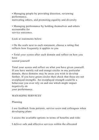 • Managing people by providing direction, reviewing
performance,
motivating others, and promoting equality and diversity
• Managing performance by holding themselves and others
accountable for
service outcomes.
Look at statements below:
• On the scale next to each statement, choose a rating that
reflects how frequently it applies to you
• Total your scores after each domain and reflect on how you
have
scored yourself
Total your scores and reflect on what you have given yourself.
If you have mainly red and orange circles in any particular
domain, these domains may be areas you wish to develop
further. If you have green circles then check that these are not
overplayed strengths. An overplayed strength could be a
behaviour you over rely on and one which might impact
negatively on
your performance.
MANAGING SERVICES
Planning
I use feedback from patients, service users and colleagues when
developing plans
I assess the available options in terms of benefits and risks
I deliver safe and effective services within the allocated
 