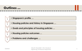 5/6/2015
Aliaa M. Shamallakh | IUG | Faculty of
Engineering | Architecture Department
2
Outlines …
1
• Singapore's profile …
2
• Housing policies and history in Singapore …
3
• Goals and principles of housing policies …
4
• Housing policies outcomes …
5
• Problems and challenges …
 