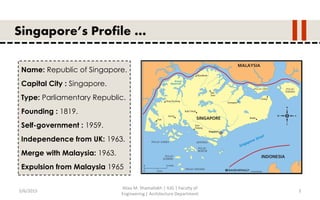 5/6/2015
Aliaa M. Shamallakh | IUG | Faculty of
Engineering | Architecture Department
3
Singapore’s Profile …
Name: Republic of Singapore.
Capital City : Singapore.
Type: Parliamentary Republic.
Founding : 1819.
Self-government : 1959.
Independence from UK: 1963.
Merge with Malaysia: 1963.
Expulsion from Malaysia 1965
 