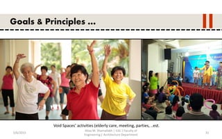 5/6/2015
Aliaa M. Shamallakh | IUG | Faculty of
Engineering | Architecture Department
31
Goals & Principles …
Void Spaces’ activities (elderly care, meeting, parties, ..est.
 