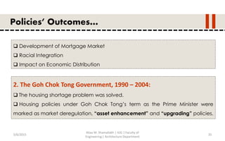 5/6/2015
Aliaa M. Shamallakh | IUG | Faculty of
Engineering | Architecture Department
35
Policies’ Outcomes…
 Development of Mortgage Market
 Racial Integration
 Impact on Economic Distribution
2. The Goh Chok Tong Government, 1990 – 2004:
 The housing shortage problem was solved.
 Housing policies under Goh Chok Tong’s term as the Prime Minister were
marked as market deregulation, “asset enhancement” and “upgrading” policies.
 