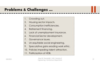 5/6/2015
Aliaa M. Shamallakh | IUG | Faculty of
Engineering | Architecture Department
37
Problems & Challenges …
1. Crowding out.
2. Housing sector impacts.
3. Consumption inefficiencies.
4. Retirement financing.
5. Lack of unemployment insurance.
6. Financial Sector development.
7. Governance issues.
8. Un-equitable social engineering.
9. Speculative gains eroding work ethic.
10. Policies impeding talent attraction.
11. Politicization of HDB.
 