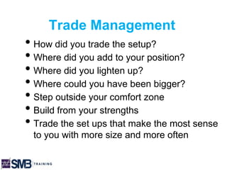 Trade Management
• How did you trade the setup?
• Where did you add to your position?
• Where did you lighten up?
• Where could you have been bigger?
• Step outside your comfort zone
• Build from your strengths
• Trade the set ups that make the most sense
to you with more size and more often
 