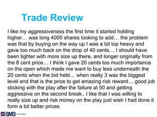 Trade Review
I like my aggressiveness the first time it started holding
higher… was long 4000 shares looking to add… the problem
was that by buying on the way up I was a bit top heavy and
gave too much back on the drop of 40 cents… I should have
been tighter with more size up there, and longer originally from
the 8 cent price… I think I gave 20 cents too much importance
on the open which made me want to buy less underneath the
20 cents when the bid held… when really 3 was the biggest
level and that is the price to get amazing risk reward… good job
sticking with the play after the failure at 50 and getting
aggressive on the second break.. I like that I was willing to
really size up and risk money on the play just wish I had done it
form a bit better prices
 