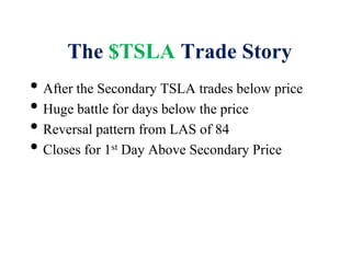 The $TSLA Trade Story
• After the Secondary TSLA trades below price
• Huge battle for days below the price
• Reversal pattern from LAS of 84
• Closes for 1st Day Above Secondary Price
 