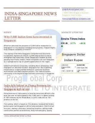 proglobalcorp@gmail.com

INDIA-SINGAPORE NEWS
LETTER

+919971504105-Special Business
Singapore Desk In India
www.proglobalcorp.wordpress.com

NEWS:

MARKET UPDATES

Why 5,000 Indian firms have invested in
Singapore

Straits Times Index
3191.08

0.77%

+24.34

What has attracted the presence of 5,000 Indian companies in
Singapore? Is it tax breaks? Geographical proximity, frequent flights,
easy/cheaper availability of finance?
The signing of the India-Singapore Comprehensive Economic
Cooperation Agreement (CECA) in 2005 helped both countries
strengthen their trade links. Given Singapore’s location and the
growing Asia-Pacific market, Indian companies can use Singapore
as a springboard to tap on growth opportunities in this region.
Global multinational companies, including Asian enterprises, find
Singapore an attractive location. Singapore has vital supporting
infrastructure, a highly skilled workforce, conducive business
environment and stable taxation policies. The Indian business
community is the largest foreign business community in Singapore.

Singapore Dollar
Indian Rupee
1.0000 SGD
Singapore Dollar
(SGD)
1 SGD = 50.5907 INR

50.5907 INR
=

Indian Rupee (INR)
1 INR = 0.01977
SGD

India falls behind in Doing Business list;
Singapore still on top
Doing business in India seems to have become more difficult in the
past one year as India slipped to the 134th spot in a global ranking
of 189 countries by the World Bank. In 2013, India was at 134
position on the list.
The ranking, which is based on 10 indicators, revealed that India's
performance had dropped on all but two parameters. Over the last
one year, starting a business, protecting investors, getting credit,
construction permits and electricity, filing for bankruptcy, paying
INDIA-SINGAPORE NEWS LETTER

1

 