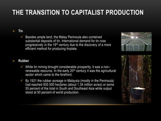  Tin
 Besides ample land, the Malay Peninsula also contained
substantial deposits of tin. International demand for tin rose
progressively in the 19th century due to the discovery of a more
efficient method for producing tinplate.
 Rubber
 While tin mining brought considerable prosperity, it was a non-
renewable resource. In the early 20th century it was the agricultural
sector which came to the forefront.
 By 1921 the rubber acreage in Malaysia (mostly in the Peninsula)
had reached 935 000 hectares (about 1.34 million acres) or some
55 percent of the total in South and Southeast Asia while output
stood at 50 percent of world production.
THE TRANSITION TO CAPITALIST PRODUCTION
 