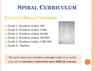 EXAMPLE: WHOLE NUMBERS
 Grade 1- Numbers within 100
 Grade 2- Numbers within 1 000
 Grade 3- Numbers within 10 000
 Grade 4- Numbers within 100 000
 Grade 5- Numbers within 1 000 000
 Grade 6- Algebra
SPIRAL CURRICULUM
 The spiral opens up to revisit a concept taught in an earlier
year and to introduce related but more difficult concept.
 
