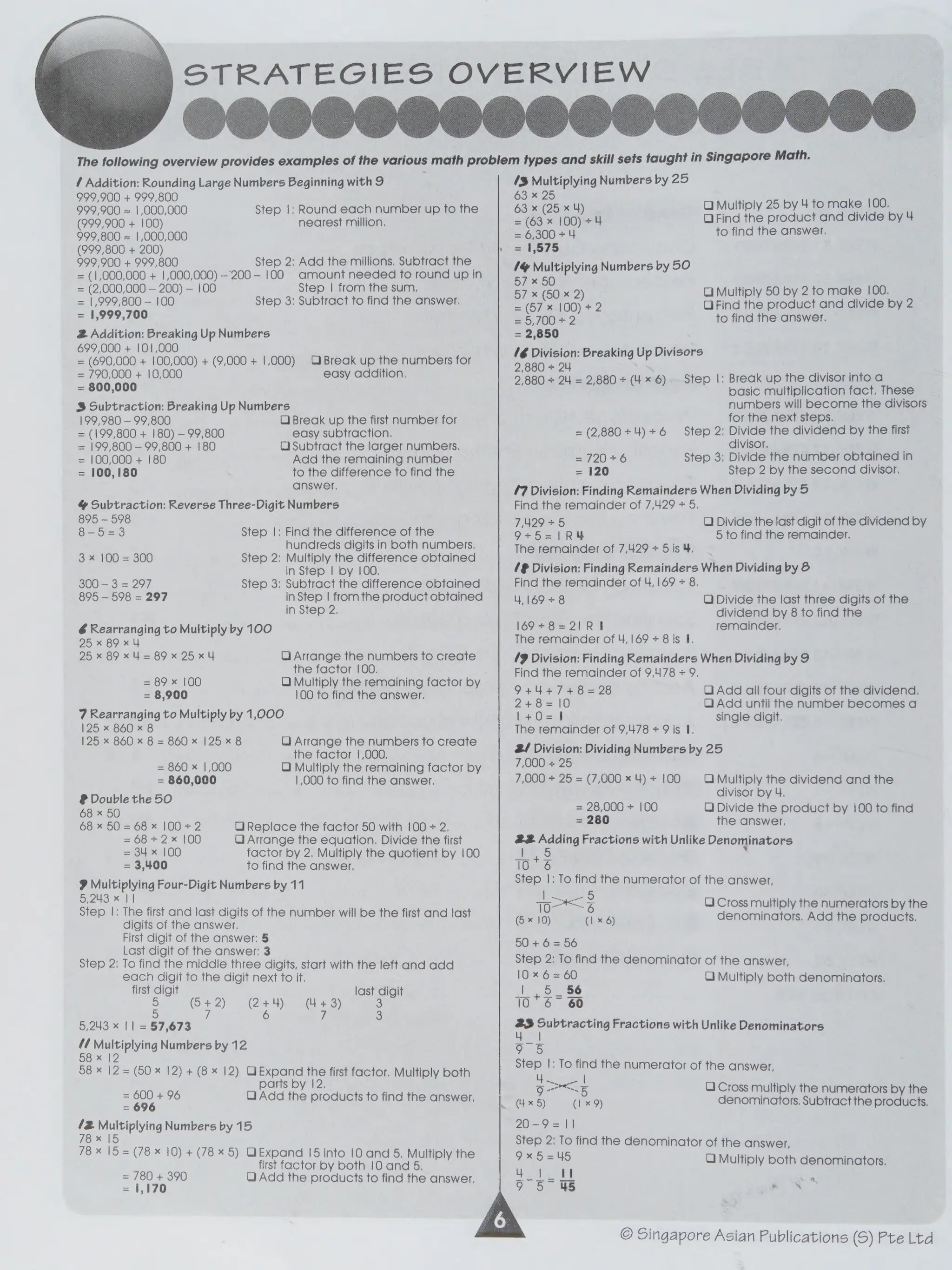 STRATEGIES OVERVIEW
The following overview provides examples of the various math problem types and skill sets taught in Singapore Math.
¢ Addition: Rounding Large Numbers Beginning with 9
999,900 + 999,800
999,900 = |,000,000
(999,900 + 100)
999,800 = 1,000,000
(999,800 + 200)
999,900 + 999,800 Step 2: Add the millions. Subtract the
= (1,000,000 + 1,000,000) -200- 100 amount needed to round up in
= (2,000,000— 200) — !00 Step | from the sum.
= 1,999,800 — 100 Step 3: Subtract to find the answer,
= 1,999,700
2 Addition: Breaking Up Numbers
699,000 + 101,000
= (690,000 + 100,000) + (9,000 + 1,000)
= 790,000 + 10,000
= 800,000
3 Subtraction: Breaking Up Numbers
199,980 — 99,800 O Break up the first number for
= (199,800 + 180) — 99,800 easy subtraction.
= 199,800 — 99,800 + 180 O Subtract the larger numbers.
Step |: Round each number up to the
nearest million.
O Break up the numbers for
easy addition.
= 100,000 + 180 Add the remaining number
= 100,180 to the difference to find the
answer.
& Subtraction: Reverse Three-Digit Numbers
895 — 598
8-5=3 Step |: Find the difference of the
hundreds digits in both numbers,
3 x 100 = 300 Step 2: Multiply the difference obtained
in Step | by 100.
300 — 3 = 297 Step 3: Subtract the difference obtained
895 — 598 = 297 in Step |fromthe product obtained
in Step 2.
6 Rearranging to Multiply by 100
25 x 89 x 4
25 x 89 x 4 = 89 x 25 x 4 O Arrange the numbers to create
the factor 100.
= 89 x 100 QO Multiply the remaining factor by
= 8,900 100 to find the answer.
7 Rearranging to Multiply by 1,000
125 x 860 x 8
125 x 860 x 8 = 860 x 125 x 8 O Arrange the numbers to create
the factor |,000,
= 860 x |,000 Q Multiply the remaining factor by
= 860,000 |,000 to find the answer.
# Double the 50
68 x 50
68 x 50 = 68 x 100+ 2 OReplace the factor 50 with 100 + 2.
= 68+ 2x 100 OQ)Arrange the equation, Divide the first
= 34 x 100 factor by 2. Multiply the quotient by 100
= 3,400 to find the answer,
? Multiplying Four-Digit Numbers by 11
5,243 x | |
Step |: The first and last digits of the number will be the first and last
digits of the answer.
First digit of the answer: 5
Last digit of the answer: 3
Step 2: To find the middle three digits, start with the left and add
each digit to the digit next to it.
first digit
5 (S q2)
5
5,243 x || = 57,673
¢¢ Multiplying Numbers by 12
58 x 12
58 x 12 = (50 x 12) + (8 x 12) QExpand the first factor. Multiply both
parts by 12.
= is 96 OQ Add the products to find the answer,
(2 Multiplying Numbers by 15
78 x 15
78 x |5 = (78 x 10) + (78 x 5) QExpand 15 into 10 and 5. Multiply the
first factor by both 10 and 5,
= ae QO)Add the products to find the answer.
last digit
3
(2 +4) (4 + 3)
6 uy 3
/3 Multiplying Numbers by 25
63 x 25
63 x (25 x 4) Q Multiply 25 by 4 to make 100.
= (63 x 100) +4 OFind the product and divide by 4
= 6,300 = 4 to find the answer.
= 1,575
1% Multiplying Numbers by 50
57 x 50
57 x (50 x 2) Q Multiply 50 by 2 to make 100.
= (57 x 100) +2 OFind the product and divide by 2
=0,/00'+ 2 to find the answer.
= 2,850
(6 Division: Breaking Up Divisors
2,880 + 24
Step |: Break up the divisor into a
basic multiplication fact. These
numbers will become the divisors
for the next steps.
2,880 + 2U = 2,880 + (4 x 6)
= (2,880+4)+6 Step 2: Divide the dividend by the first
divisor.
= 20 £0 Step 3: Divide the number obtained in
= 120 Step 2 by the second divisor.
17 Division: Finding Remainders When Dividing by 5
Find the remainder of 7,429 = 5,
7,429 +5
9-+5=1R4
The remainder of 7,429 + Sis 4.
(8% Division: Finding Remainders When Dividing by &
Find the remainder of 4,169 = 8.
QO Divide the last digit of the dividend by
5 to find the remainder.
4,169 +8 O Divide the last three digits of the
dividend by 8 to find the
169+8=2I1R1 remainder.
The remainder of 4,169 + 8 is I.
(9 Division: Finding Remainders When Dividing by 9
Find the remainder of 9,478 + 9.
9+44+7+8=28
2+8=10
1+0=1
The remainder of 9,478 + 9 is I.
2/ Division: Dividing Numbers by 25
7,000 + 25
7,000 + 25 = (7,000 x 4) + 100
QO Add all four digits of the dividend.
Q Add until the number becomes a
single digit.
Q Multiply the dividend and the
divisor by 4.
= 28,000 + 100 Q) Divide the product by 100 to find
= 280 the answer.
22 Adding Fractions with Unlike Denominators
ee 6
To*S
Step |; To find the numerator of the answer,
oo 3 Q) Cross multiply the numerators by the
(6 x 10) (1 x6) denominators. Add the products.
50 + 6 = 56
Step 2: To find the denominator of the answer,
10x6=60 Qi Multiply both denominators.
2. 0 88
| 6° 60
ieSubtracting Fractions with Unlike Denominators
|
9°56
Step |: To find the numerator of the answer,
i eacore| f
ae QO) Cross multiply the numerators by the
(u x 5) (1x9) denominators. Subtract
theproducts,
20-9 = |1
Step 2: To find the denominator of the answer,
9x5=45 QO Multiply both denominators.
%
~5 5 HS.
© Singapore Asian Publications (S) Pte Ltd
 