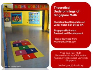 Theoretical Underpinnings of Singapore Math Sheraton San Diego Mission Valley Hotel, San Diego CA SingaporeMath.com Professional Development Please download from www.mathz4kidz.com Yeap Ban-Har, Ph.D. National Institute of Education Nanyang Technological University  Singapore banhar.yeap@nie.edu.sg DaQiao Primary School 
