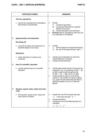 LEVEL : SEC 1 (SPECIAL/EXPRESS) PART B
14
TOPICS/OUTCOMES REMARKS
The four operations
• use the four operations for calculations
with fractions and decimals
• Include
i) combined operations
ii) rounding off decimals to a specific
degree of accuracy
iii) mental calculation and estimation
• Exclude tedious calculations when the use
of a calculator is not allowed
3 Approximation and estimation
Rounding off
• round off numbers and measures to a
specified degree of accuracy
• Include
i) decimal places and significant figures
ii) the use of the approximation sign “≈”
Estimation
• make estimates of numbers and
measures
• Include use of estimation to check the
reasonableness of answers
• Include mental estimation
4 Use of a scientific calculator
• use the relevant keys of a scientific
calculator
• Include appropriate checks of accuracy by
estimation, e.g. in evaluating 47 600 ÷ 85
as 560, pupils should recognize that
47 600 ÷ 85 ≈ 600 (not 6 or 6 000)
• Pupils should be able to round off the
answer in the context of a given problem,
e.g. pupils should realize the absurdity of
giving the speed of a car to 5 decimal
places
5 Squares, square roots, cubes and cube
roots
• find squares, square roots, cubes and
cube roots of numbers
• Include the use of the square root sign
" " and cube root sign " 3 "
• Include estimation
• Include the use of the following keys of a
calculator:
2
x , x ,
y
x ,
y
x /1
 