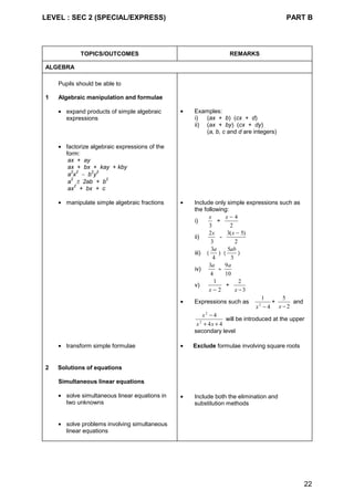 LEVEL : SEC 2 (SPECIAL/EXPRESS) PART B
22
TOPICS/OUTCOMES REMARKS
ALGEBRA
Pupils should be able to
1 Algebraic manipulation and formulae
• expand products of simple algebraic
expressions
• Examples:
i) (ax + b) (cx + d)
ii) (ax + by) (cx + dy)
(a, b, c and d are integers)
• factorize algebraic expressions of the
form:
ax + ay
ax + bx + kay + kby
a
2
x
2
− b
2
y
2
a
2
± 2ab + b
2
ax
2
+ bx + c
• manipulate simple algebraic fractions • Include only simple expressions such as
the following:
i)
x
3
+
x − 4
2
ii)
2
3
x
-
3 5
2
( )x −
iii) (
3
4
a
) (
5
3
ab
)
iv)
3
4
a
÷
9
10
a
v)
1
2x −
+
3
2
−x
• Expressions such as
4
1
2
−x
+
2
5
−x
and
44
4
2
2
++
−
xx
x
will be introduced at the upper
secondary level
• transform simple formulae • Exclude formulae involving square roots
2 Solutions of equations
Simultaneous linear equations
• solve simultaneous linear equations in
two unknowns
• Include both the elimination and
substitution methods
• solve problems involving simultaneous
linear equations
 