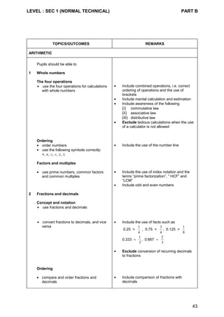 LEVEL : SEC 1 (NORMAL TECHNICAL) PART B
43
TOPICS/OUTCOMES REMARKS
ARITHMETIC
Pupils should be able to
1 Whole numbers
The four operations
• use the four operations for calculations
with whole numbers
• Include combined operations, i.e. correct
ordering of operations and the use of
brackets
• Include mental calculation and estimation
• Include awareness of the following
(i) commutative law
(ii) associative law
(iii) distributive law
• Exclude tedious calculations when the use
of a calculator is not allowed
Ordering
• order numbers
• use the following symbols correctly:
=, ≠, >, <, ≥, ≤
• Include the use of the number line
Factors and multiples
• use prime numbers, common factors
and common multiples
• Include the use of index notation and the
terms “prime factorization”, “ HCF” and
“LCM”
• Include odd and even numbers
2 Fractions and decimals
Concept and notation
• use fractions and decimals
• convert fractions to decimals, and vice
versa
• Include the use of facts such as
0.25 =
1
4
, 0.75 =
3
4
, 0.125 =
1
8
0.333 ≈
1
3
, 0.667 ≈
2
3
• Exclude conversion of recurring decimals
to fractions
Ordering
• compare and order fractions and
decimals
• Include comparison of fractions with
decimals
 