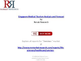 Singapore Medical Tourism Analysis and Forecast
by
Renub Research
Explore all reports for “ Services ” market
@
http://www.rnrmarketresearch.com/reports/life-
sciences/healthcare/services .
© RnRMarketResearch.com ;
sales@rnrmarketresearch.com ;
+1 888 391 5441
 