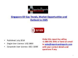 Singapore Oil Gas Trends, Market Opportunities and
Outlook to 2025
• Published: July 2014
• Single User License: US$ 3800
• Corporate User License: US$ 11000
Order this report by calling
+1 888 391 5441 or Send an email
to sales@reportsandreports.com
with your contact details and
questions if any.
1
 