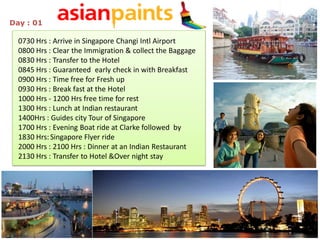 Day : 01

  0730 Hrs : Arrive in Singapore Changi Intl Airport
  0800 Hrs : Clear the Immigration & collect the Baggage
  0830 Hrs : Transfer to the Hotel
  0845 Hrs : Guaranteed early check in with Breakfast
  0900 Hrs : Time free for Fresh up
  0930 Hrs : Break fast at the Hotel
  1000 Hrs - 1200 Hrs free time for rest
  1300 Hrs : Lunch at Indian restaurant
  1400Hrs : Guides city Tour of Singapore
  1700 Hrs : Evening Boat ride at Clarke followed by
  1830 Hrs: Singapore Flyer ride
  2000 Hrs : 2100 Hrs : Dinner at an Indian Restaurant
  2130 Hrs : Transfer to Hotel &Over night stay
 