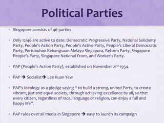 Political Parties
• Singapore consists of 46 parties
• Only 12/46 are active to date: Democratic Progressive Party, National Solidarity
Party, People’s Action Party, People’s Active Party, People’s Liberal Democratic
Party, Pertubuhan Kebangsaan Melayu Singapura, Reform Party, Singapore
People’s Party, Singapore National Front, and Worker’s Party.
• PAP (People’s Action Party), established on November 21st 1954.
• PAP  Socialist Lee Kuan Yew
• PAP’s ideology as a pledge saying “ to build a strong, united Party, to create
vibrant, just and equal society, through achieving excellence by all, so that
every citizen, regardless of race, language or religion, can enjoy a full and
happy life”.
• PAP rules over all media in Singapore  easy to launch its campaign
 