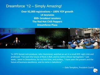Dreamforce „12 – Simply Amazing!
             Over 92,000 registrations – 100% YOY growth
                             14 keynotes
                       800+ breakout sessions
                      The Red Hot Chili Peppers
                          Dreamforce Plaza




  'In 1975 famed rock producer, John Hammond, watched an act in a small NYC night club and
  professed. "I've seen the future of Rock-n-Roll, and its name is Bruce Springsteen." Last
  week, I went to Dreamforce, for my first time, and profess, "I have seen the present and the
  future of business excellence, and its name is Salesforce".

                                                           --- Dale Tompkins, President Code3
 