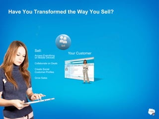 Have You Transformed the Way You Sell?




         Sell:
                                Your Customer
         Access Everything
         on Mobile Devices

         Collaborate on Deals

         Create Social
         Customer Profiles

         Grow Sales
 