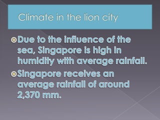 Climate in the lion cityDue to the influence of the sea, Singapore is high in humidity with average rainfall. Singapore receives an average rainfall of around 2,370 mm.