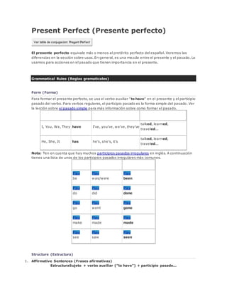 Present Perfect (Presente perfecto)
Ver tabla de conjugacion: Present Perfect
El presente perfecto equivale más o menos al pretérito perfecto del español. Veremos las
diferencias en la sección sobre usos. En general, es una mezcla entre el presente y el pasado. Lo
usamos para acciones en el pasado que tienen importancia en el presente.
Grammatical Rules (Reglas gramaticales)
Form (Forma)
Para formar el presente perfecto, se usa el verbo auxiliar "to have" en el presente y el participio
pasado del verbo. Para verbos regulares, el participio pasado es la forma simple del pasado. Ver
la lección sobre el pasado simple para más información sobre como formar el pasado.
Subject Auxiliary Short Form Past Participle
I, You, We, They have I've, you've, we've, they've
talked, learned,
traveled...
He, She, It has he's, she's, it's
talked, learned,
traveled...
Nota: Ten en cuenta que hay muchos participios pasados irregulares en inglés. A continuación
tienes una lista de unos de los participios pasados irregulares más comunes.
Verb Past Simple Past Participle
Play
be
Play
was/were
Play
been
Play
do
Play
did
Play
done
Play
go
Play
went
Play
gone
Play
make
Play
made
Play
made
Play
see
Play
saw
Play
seen
Structure (Estructura)
1. Affirmative Sentences (Frases afirmativas)
EstructuraSujeto + verbo auxiliar ("to have") + participio pasado...
 