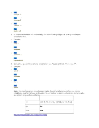 o Play
change →
Play
changed
o Play
believe →
Play
believed
2. Si el verbo termina en una vocal corta y una consonante (excepto "y" o "w"), doblamos la
consonante final.
o Ejemplos:
o Play
stop →
Play
stopped
o Play
commit →
Play
committed
3. Con verbos que terminan en una consonante y una "y", se cambia la "y" por una "i".
o Ejemplos:
o Play
study →
Play
studied
o Play
try →
Play
tried
Nota: Hay muchos verbos irregulares en inglés. Desafortunadamente, no hay una norma
establecida para formarlos. A continuación tienes los tres verbos irregulares más comunes y los
que actúan como verbos auxiliares.
Verb Past Simple
be was (I, he, she, it) / were (you, we, they)
do did
have had
Más información sobre los verbos irregulares
 