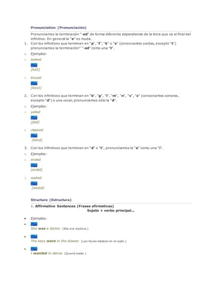 Pronunciation (Pronunciación)
Pronunciamos la terminación "-ed" de forma diferente dependiendo de la letra que va al final del
infinitivo. En general la "e" es muda.
1. Con los infinitivos que terminan en "p", "f", "k" o "s" (consonantes sordas, excepto "t")
pronunciamos la terminación" "-ed" como una "t".
o Ejemplos:
o looked
Play
[lukt]
o kissed
Play
[kisst]
2. Con los infinitivos que terminan en "b", "g", "l", "m", "n", "v", "z" (consonantes sonoras,
excepto "d") o una vocal, pronunciamos sólo la "d".
o Ejemplos:
o yelled
Play
[jeld]
o cleaned
Play
[klind]
3. Con los infinitivos que terminan en "d" o "t", pronunciamos la "e" como una "i".
o Ejemplos:
o ended
Play
[endid]
o waited
Play
[weitid]
Structure (Estructura)
1. Affirmative Sentences (Frases afirmativas)
Sujeto + verbo principal...
 Ejemplos:
 Play
She was a doctor. (Ella era doctora.)
 Play
The keys were in the drawer. (Las llaves estaban en el cajón.)
 Play
I wanted to dance. (Quería bailar.)
 