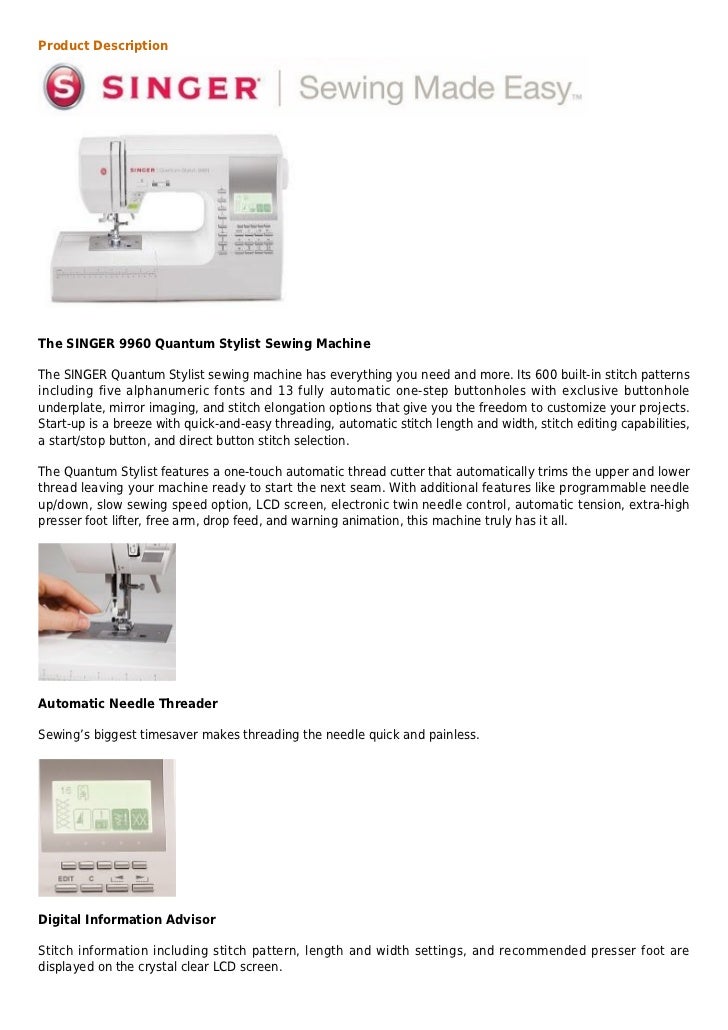 Singer 9960 quantum stylist 600 stitch computerized sewing machine