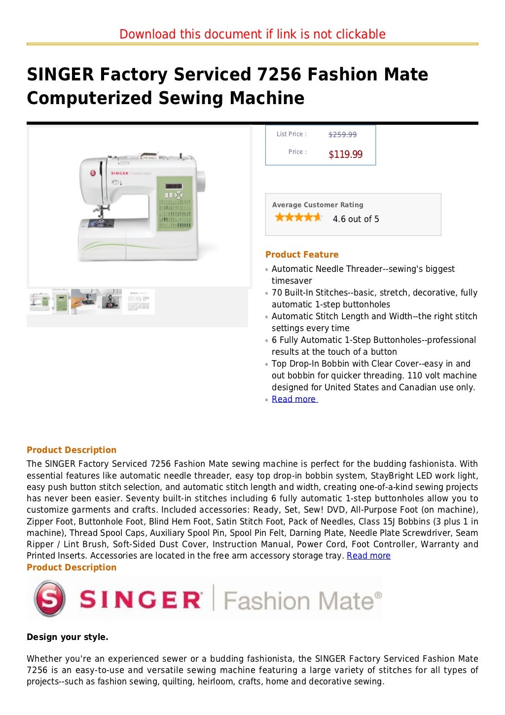 Singer factory serviced 7256 fashion mate computerized sewing machine
