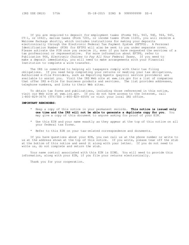 singer senatinon ein number 05202015 irs gov ein confirmation letter