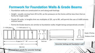Formwork for Foundation Walls & Grade Beams
Concrete footing and foundation wall
All-wood form panels for concrete footings
• Foundation walls are constructed on and along wall footings
• Height - usually varying from 2ft to 6ft, so the pressure on the forms will be less than that on
forms for major walls
• Panels 2ft wide, in lengths that are multiples of 2ft, up to 8ft, will permit the use of 4x8ft sheets
without waste
• Forms for Grade beams are similar to foundation walls; height being comparatively smaller
 