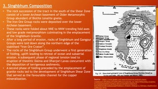 3. Singhbhum Composition
• The rock succession of the tract in the south of the Shear Zone
consist of a lower Archean basement of Older Metamorphic
Group abundant of Biotite tonalite gneiss.
• The Iron Ore Group rocks were deposited over the lower
Archean basement.
• These rocks were folded about NNE to NNW trending fold axes
and low grade metamorphism culminating in the emplacement
of the Singhbhum Granite.
• After a long period of erosion, rocks of Singhbhum and Gangpur
Groups were laid down along the northern edge of the
stabilised “Iron Ore Craton”.
• The rocks of the Singhbhum Group underwent a first generation
of folding, uplift leading to retreat of ocean and subaerial
erosion. A subsequent phase of regional tension lead to
eruption of theolitic Dalma and Dhanjori Lavas concurrent with
the deposition of terrigenous sediments.
• A second phase of folding preceded by the emplacement of
granite rocks led to the development of Singhbhum Shear Zone
that served as the favourable channel for the copper
mineralization. Source - https://www.google.com/search?client=ms-android-xiaomi-
rvo2b&sxsrf=APwXEdcxj7ITs69Vu4NPynG7nybGsXQ_AA:1682279956250&q=Singhbhu
m+composition&tbm=isch&sa=X&ved=2ahUKEwjv0dGZ5cD-
AhXe4DgGHcfUBvwQ0pQJegQIFRAB&biw=393&bih=784&dpr=2.75#imgrc=X6aRfimS5JI
C2M&lnspr=W10=
 