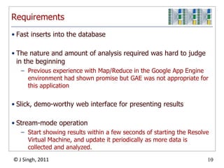 RequirementsFast inserts into the databaseThenature and amount of analysis required was hard to judge in the beginningPrevious experience with Map/Reduce in the Google App Engine environment had shown promise but GAE was not appropriate for this applicationSlick, demo-worthy web interface for presenting resultsStream-mode operationStart showing results within a few seconds of starting the Resolve Virtual Machine, and update it periodically as more data is collected and analyzed.