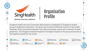Organisation
Proﬁle
Singapore Health Services (commonly abbreviated as SingHealth) is Singapore's largest
group of healthcare institutions. The group was formed in 2000 and consists of four public
hospitals, three community hospitals, ﬁve national specialty centres and a network of eight
polyclinics. The Singapore General Hospital is the largest hospital in the group and serves as
the ﬂagship hospital for the cluster.
 