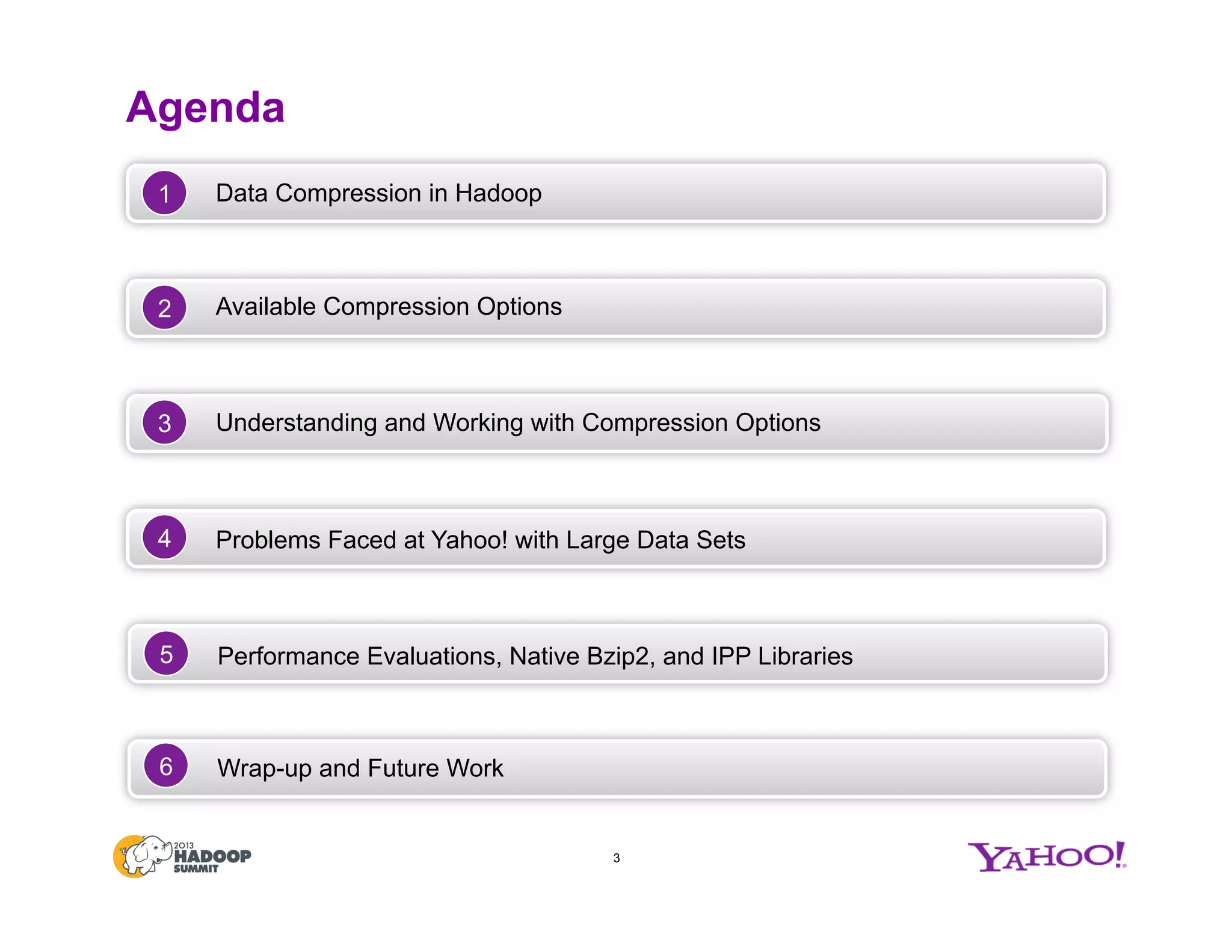 Agenda
3
Data Compression in Hadoop1
Available Compression Options2
Understanding and Working with Compression Options3
Problems Faced at Yahoo! with Large Data Sets4
Performance Evaluations, Native Bzip2, and IPP Libraries5
Wrap-up and Future Work6
 