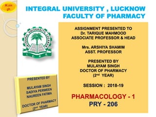 ASSIGNMENT PRESENTED TO
Dr. TARIQUE MAHMOOD
ASSOCIATE PROFESSOR & HEAD
Mrs. ARSHIYA SHAMIM
ASST. PROFESSOR
PRESENTED BY
MULAYAM SINGH
DOCTOR OF PHARMACY
(2nd YEAR)
SESSION : 2018-19
PHARMACOLOGY - 1
PRY - 206
INTEGRAL UNIVERSITY , LUCKNOW
FACULTY OF PHARMACY
M.sin
gh
 