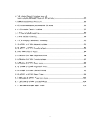 x
4.7 UE Initiated Detach Procedure when UE
is connected to GERAN/UTRAN with ISR activated.................................................................61
4.8 MME Initiated Detach Procedure .............................................................................................63
4.9 SGSN initiated detach procedure with ISR mode....................................................................65
4.10 HSS-initiated Detach Procedure ............................................................................................67
4.11 Without eNodeB reordering....................................................................................................71
4.12 With eNodeB reordering.........................................................................................................71
4.13 TCP throughput with/without reordering.................................................................................72
5.1 E-UTRAN to UTRAN preparation phase..................................................................................75
5.2 E-UTRAN to UTRAN Execution phase ....................................................................................78
5.3 Inter RAT handover Reject.......................................................................................................81
5.4 UTRAN to E-UTRAN Preparation Phase.................................................................................84
5.5 UTRAN to E-UTRAN Execution phase ....................................................................................87
5.6 UTRAN to E-UTRAN Reject phase..........................................................................................90
5.7 E-UTRAN to GERAN Preparation Phase.................................................................................92
5.8 E-UTRAN to GERAN Execution Phase ...................................................................................95
5.9 E-UTRAN to GERAN Reject Phase.........................................................................................99
5.10 GERAN to E-UTRAN Preparation phase.............................................................................101
5.11 GERAN to E-UTRAN Execution Phase ...............................................................................104
5.12 GERAN to E-UTRAN Reject Phase.....................................................................................107
 