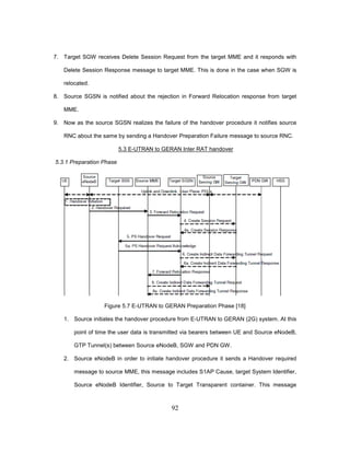 92
7. Target SGW receives Delete Session Request from the target MME and it responds with
Delete Session Response message to target MME. This is done in the case when SGW is
relocated.
8. Source SGSN is notified about the rejection in Forward Relocation response from target
MME.
9. Now as the source SGSN realizes the failure of the handover procedure it notifies source
RNC about the same by sending a Handover Preparation Failure message to source RNC.
5.3 E-UTRAN to GERAN Inter RAT handover
5.3.1 Preparation Phase
Figure 5.7 E-UTRAN to GERAN Preparation Phase [18]
1. Source initiates the handover procedure from E-UTRAN to GERAN (2G) system. At this
point of time the user data is transmitted via bearers between UE and Source eNodeB,
GTP Tunnel(s) between Source eNodeB, SGW and PDN GW.
2. Source eNodeB in order to initiate handover procedure it sends a Handover required
message to source MME, this message includes S1AP Cause, target System Identifier,
Source eNodeB Identifier, Source to Target Transparent container. This message
 