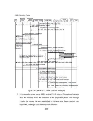 104
5.4.2 Execution Phase
Figure 5.11 GERAN to E-UTRAN Execution Phase [18]
1. In the execution phase source SGSN sends a PS HO required Acknowledge to source
BSS, this message marks the completion of the preparation phase. This message
includes the bearers that were established in the target side, Cause received from
target MME, and target to source transparent container.
 