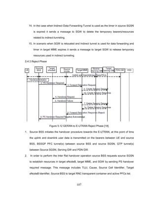 107
14. In the case when Indirect Data Forwarding Tunnel is used as the timer in source SGSN
is expired it sends a message to SGW to delete the temporary bearers/resources
related to indirect tunneling.
15. In scenario when SGW is relocated and Indirect tunnel is used for data forwarding and
timer in target MME expires it sends a message to target SGW to release temporary
resources used in indirect tunneling.
5.4.3 Reject Phase
Figure 5.12 GERAN to E-UTRAN Reject Phase [18]
1. Source BSS initiates the handover procedure towards the E-UTRAN, at this point of time
the uplink and downlink user data is transmitted on the bearers between UE and source
BSS, BSSGP PFC tunnel(s) between source BSS and source SGSN, GTP tunnel(s)
between Source SGSN, Serving GW and PDN GW.
2. In order to perform the Inter Rat handover operation source BSS requests source SGSN
to establish resources in target eNodeB, target MME, and SGW by sending PS handover
required message. This message includes TLLI, Cause, Source Cell Identifier, Target
eNodeB Identifier, Source BSS to target RNC transparent container and active PFCs list.
 