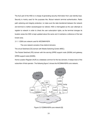 19
The AuC part of the HSS is in charge of generating security information from user identity keys.
Security is mainly used for the purposes like, Mutual network terminal authentication, Radio
path ciphering and integrity protection, to make sure the data transferred between the network
and terminal is neither eavesdropped nor altered, HSS is interrogated as the user attempts to
register to network in order to check the user subscription rights, as the terminal changes its
location areas the HSS is kept updated about the same and it maintains a reference of the last
known area.
3.1.1. GSM core network used for WCDMA/HSPA
The core network consists of two distinct domains:
The circuit Switched (CS) domain with Mobile Switching Center (MSC).
The Packet Switched (PS) domain with the serving GPRS support node (SGSN) and gateway
GPRS support node (GGSN).
Home Location Register (HLR) is a database common for the two domains. It keeps track of the
subscriber of that operator. The following figure 3 shows the WCDMA/HSPA core network,
Figure 3.2 CDMA/HSPA core network [6]
 