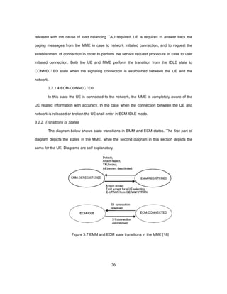 26
released with the cause of load balancing TAU required, UE is required to answer back the
paging messages from the MME in case to network initiated connection, and to request the
establishment of connection in order to perform the service request procedure in case to user
initiated connection. Both the UE and MME perform the transition from the IDLE state to
CONNECTED state when the signaling connection is established between the UE and the
network.
3.2.1.4 ECM-CONNECTED
In this state the UE is connected to the network, the MME is completely aware of the
UE related information with accuracy. In the case when the connection between the UE and
network is released or broken the UE shall enter in ECM-IDLE mode.
3.2.2. Transitions of States
The diagram below shows state transitions in EMM and ECM states. The first part of
diagram depicts the states in the MME, while the second diagram in this section depicts the
same for the UE. Diagrams are self explanatory.
Figure 3.7 EMM and ECM state transitions in the MME [18]
 
